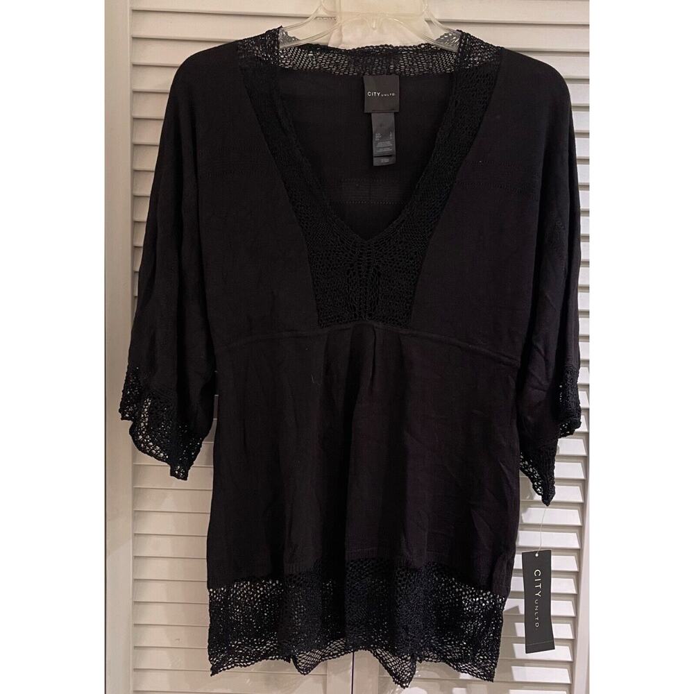 City Unltd L/S Knit w/Crochet Lace Top Large Jet Black Large NWT @ $99